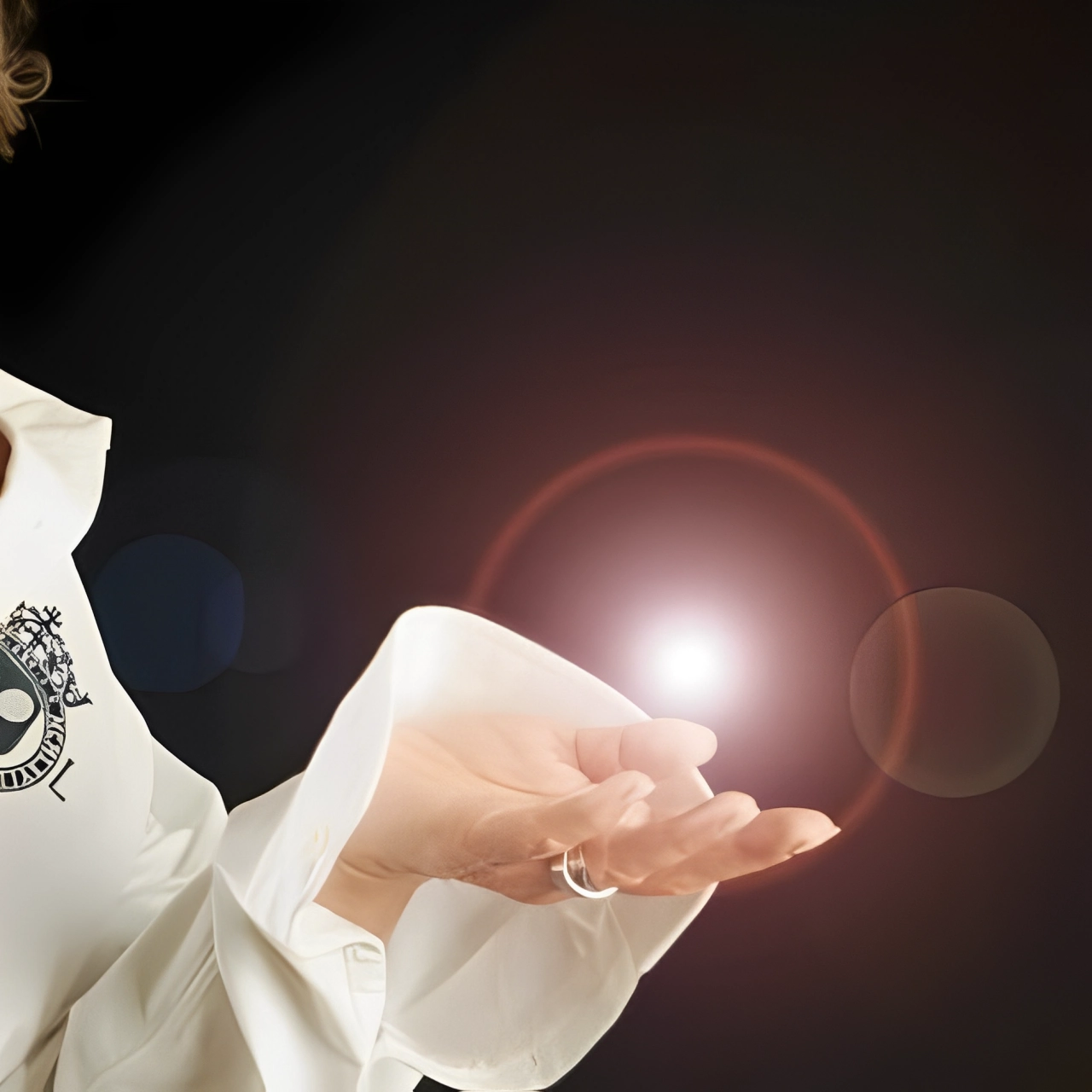 A person in a white shirt holding a glowing orb of light in their open palm.