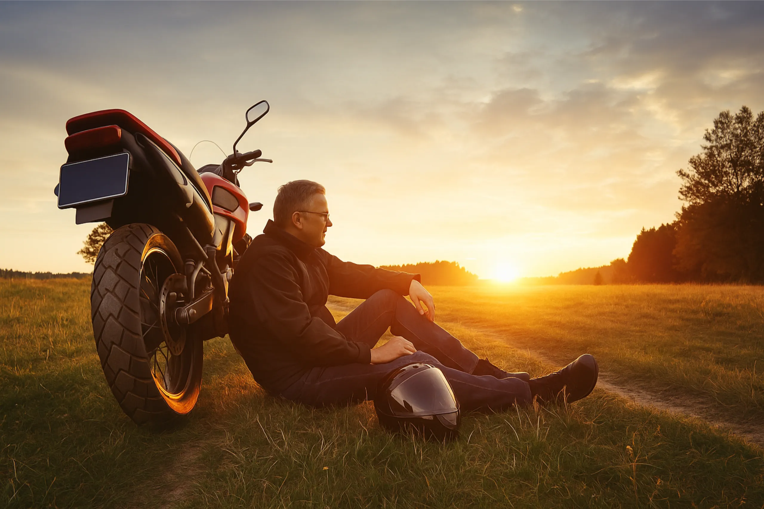 Man sitting by motorcycle at sunset, reflecting in solitude — symbolizing depression, anxiety, and inner search for balance.