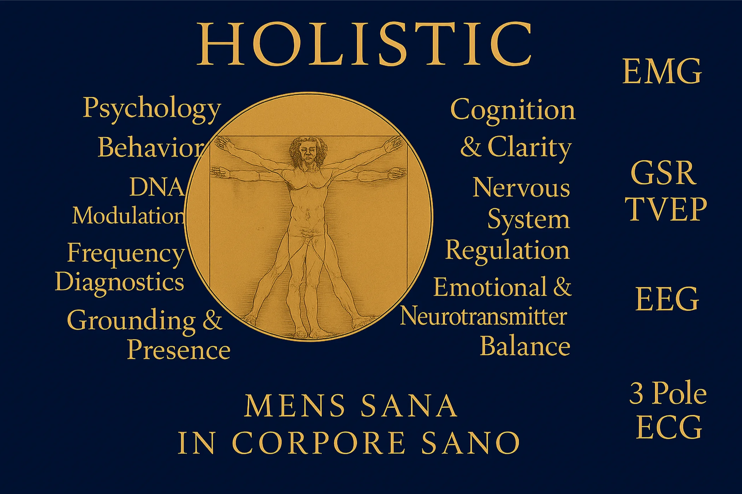 Illustration of holistic health method with Vitruvian Man — psychology, behavior, DNA modulation, frequency diagnostics, cognition, nervous system regulation, emotional & neurotransmitter balance, EMG, EEG, GSR, TVEP, 3 Pole ECG