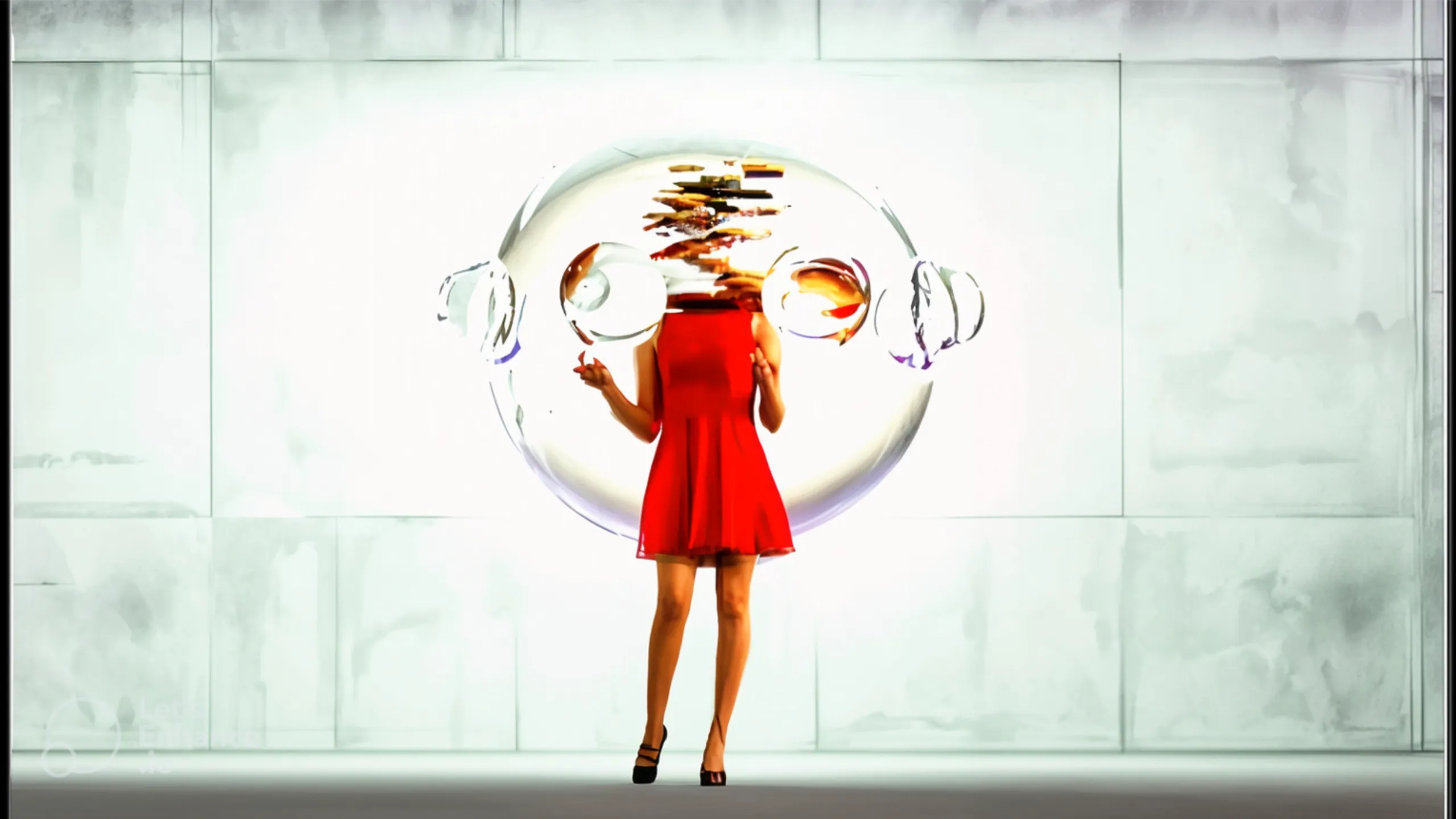 Woman in red dress surrounded by fragmented glass spheres, symbolizing the multidimensional impact of stress and hidden energetic patterns.