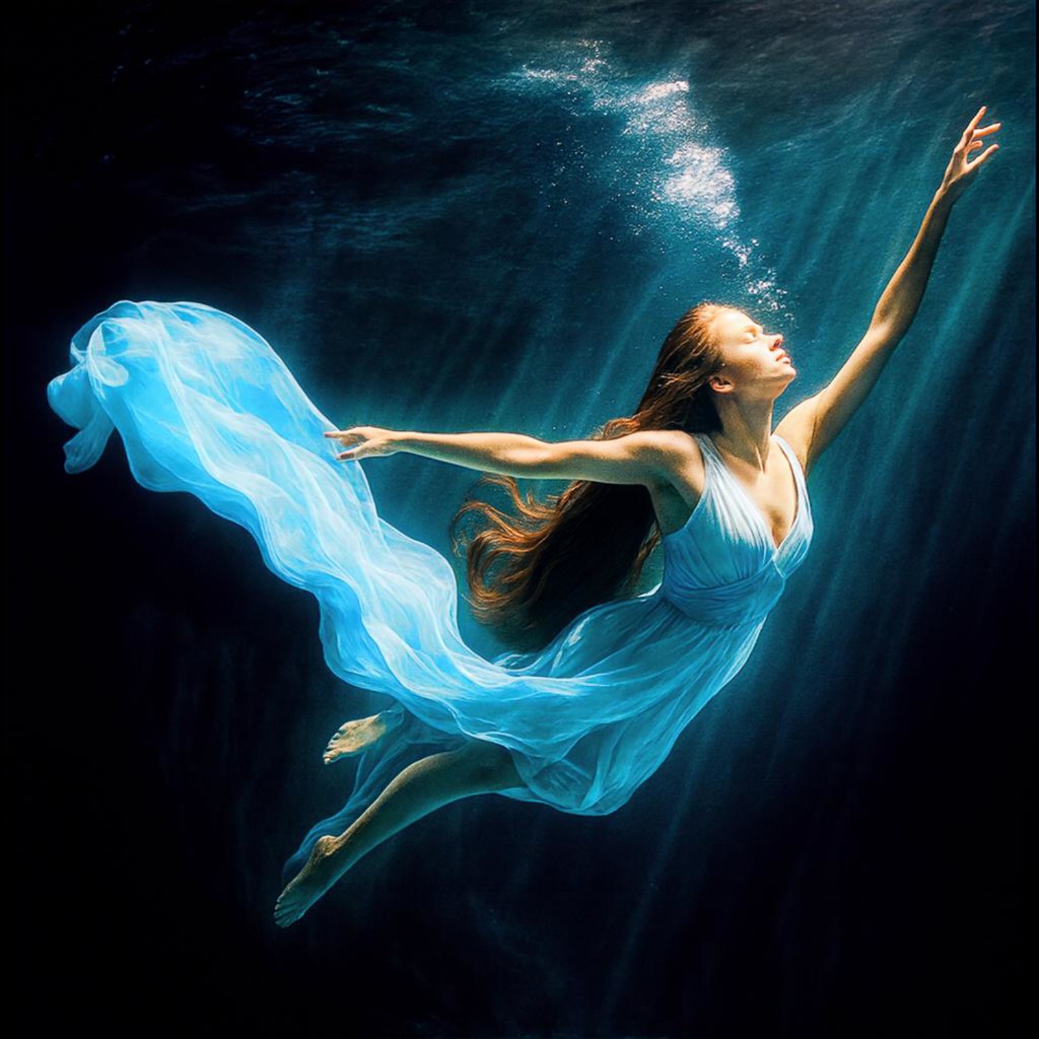 “Woman rising from underwater — symbol of trauma stored in the subconscious, now brought to awareness and resolved through quantum neurofeedback.”
